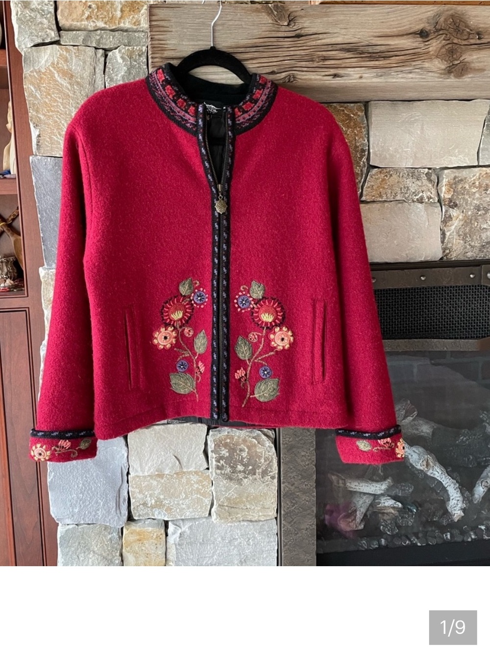 Icelandic Design Red Floral Embroidered Wool Cardigan Jacket M